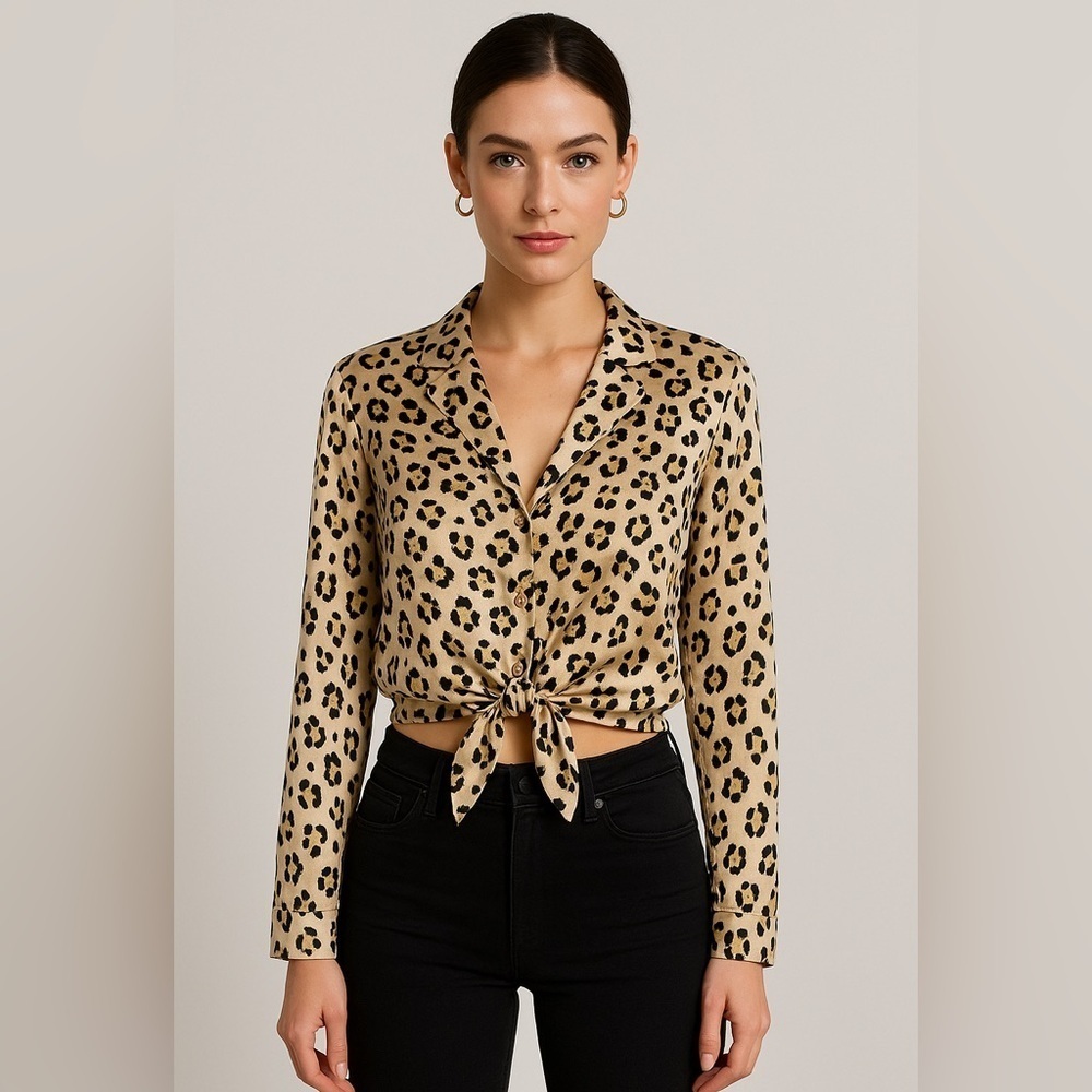 Topshop Leopard Print Button Up Cropped Blouse Womens Tie Hem Mobwife Satin 6